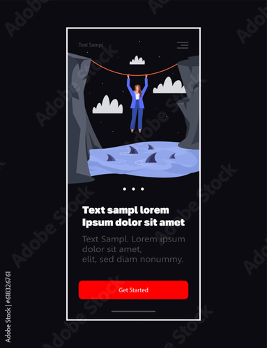 Business woman holding onto a rope over the sea with sharks.  Business risks and difficulties concept. A symbol of overcoming obstacles and challenges. Web design and mobile template.