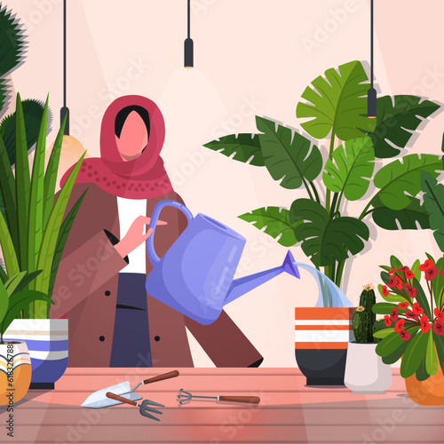 Beautiful Muslim woman watering houseplants at home. Woman caring for indoor plants. Home garden and house plants concept. 