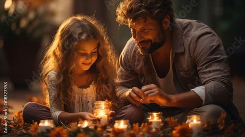 Father and daughter lighting glass jar candles in garden.