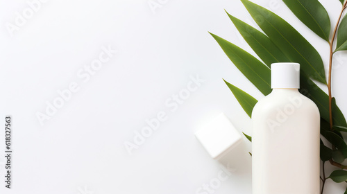 A light minimalistic illustration of cosmetology natural products on light background with green leaves