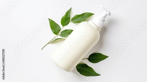 A light minimalistic illustration of cosmetology natural products on light background with green leaves