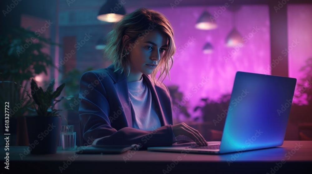 Young concerned a woman looking at laptop and finding a solution for the problem while sitting late at night in the office. Purple lighting in a modern office. Young concerned a woman looking at laptop and finding a solution for the problem while sitting late at night in the office. Purple lighting in a modern office.