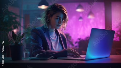 Young concerned a woman looking at laptop and finding a solution for the problem while sitting late at night in the office. Purple lighting in a modern office.