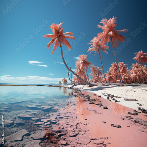 a tropical island with palm trees in the blue ocean with sparkling water