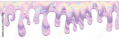 Pink soft ice cream, splashes of sweet candies, long border, seamless banner pattern, vector white background.