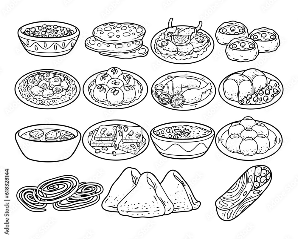 Set of indian food hand drawn outline sketch illustration