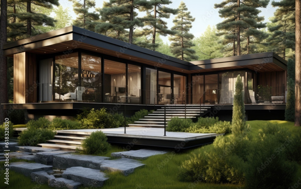 modern residential house in green forest 3d Generative AI