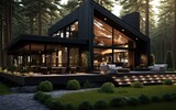 modern black wooden house in the green forest Generative AI