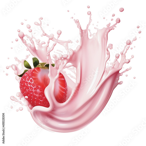 Strawberry with Splash Milk or Yogurt Isolated, Generative AI
