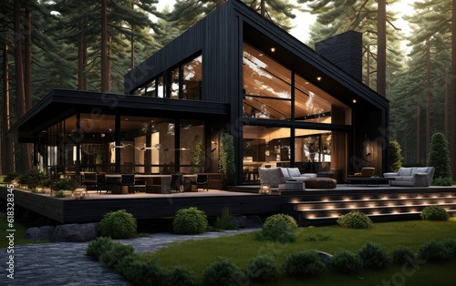 modern black wooden house in the green forest Generative AI © SKIMP Art