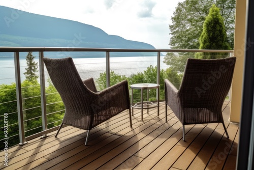 photo of hotel balcony with lake view Photography AI Generated © NikahGeh