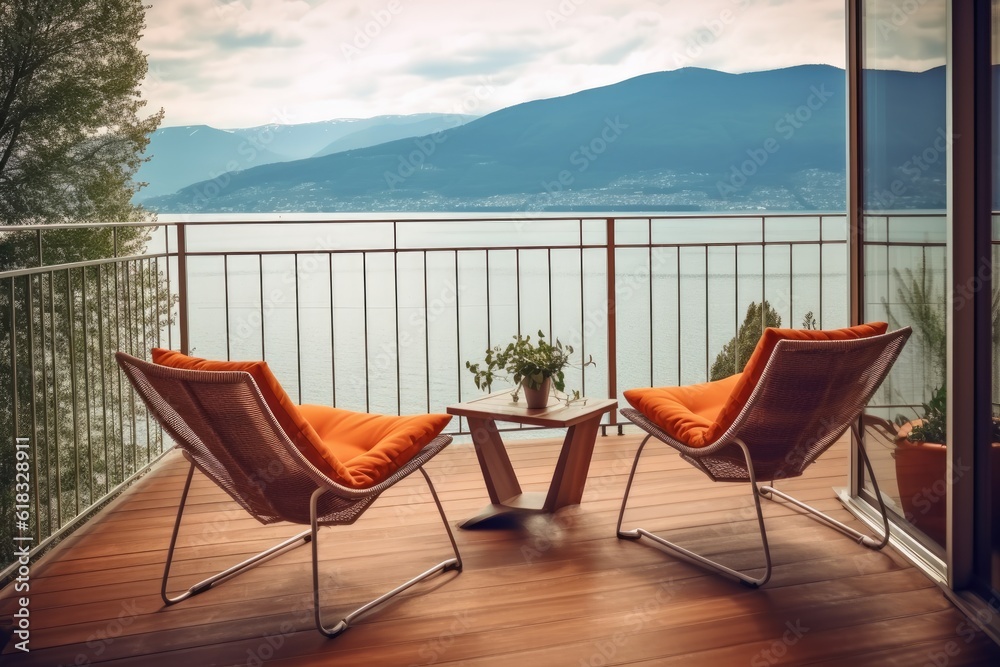 Fototapeta premium photo of hotel balcony with lake view Photography AI Generated