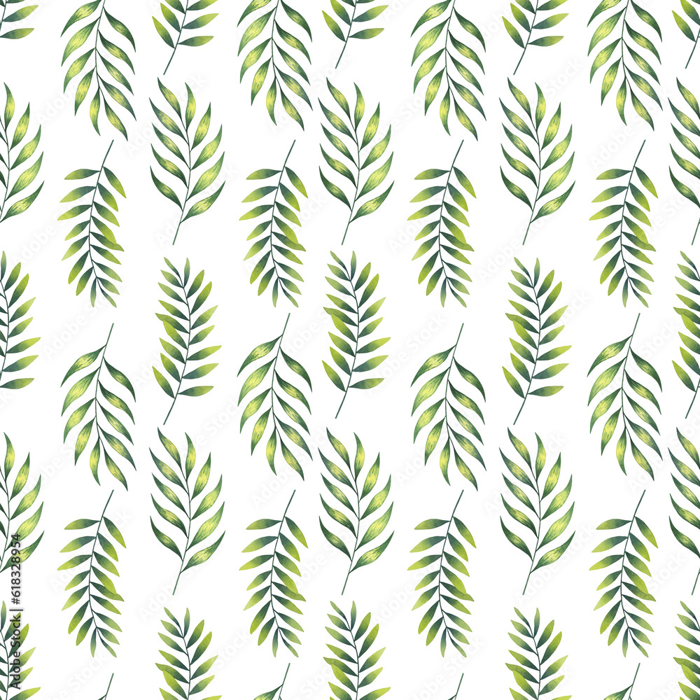 Seamless pattern with leaves. Watercolor illustration hand drawn. For design, textile, decor, wallpaper, wrapping paper, web.