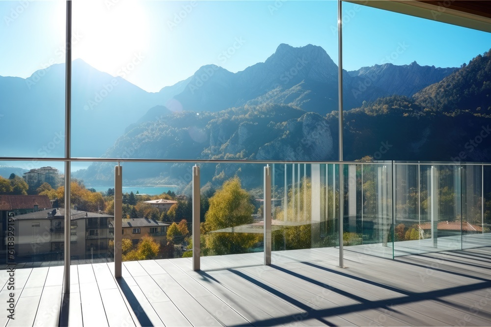 photo of hotel balcony with montain view Photography AI Generated