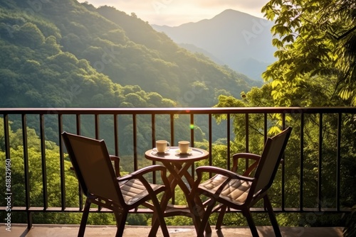 photo of hotel balcony with montain view Photography AI Generated