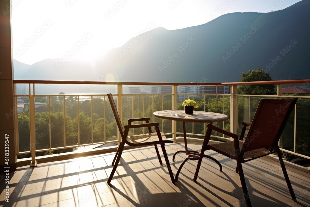 photo of hotel balcony with montain view Photography AI Generated