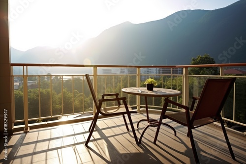 photo of hotel balcony with montain view Photography AI Generated © NikahGeh