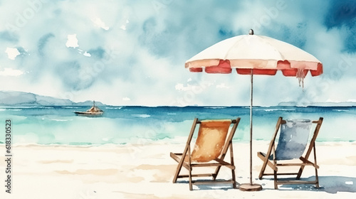 Watercolor Beach Banner. Summer Vacation Design  Tropical Island Landscape Art  White Sand  Two Chairs and Umbrella  Blue Sea  Calm Clouds  Sky  Birds - Artistic Paint Texture on Sunny Coastline Wave