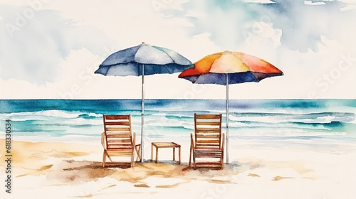 Watercolor Beach Banner. Summer Vacation Design, Tropical Island Landscape Art, White Sand, Two Chairs and Umbrella, Blue Sea, Calm Clouds, Sky, Birds - Artistic Paint Texture on Sunny Coastline Wave © overlays-textures