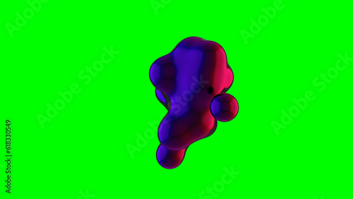 Fluid iridescent liquid blob, metaball morph. Scattering, merging and flowing glossy liquid deform organic molecules