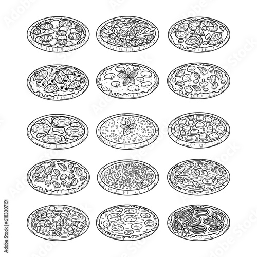 Various pizza vector hand drawn outline sketch illustration