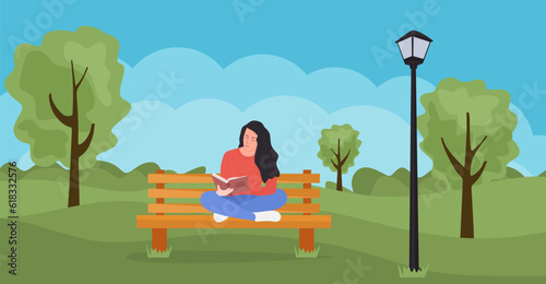 Girl sitting on bench reading book outdoors in the park. Concept illustration for studying, education, healthy lifestyle. Rest and outdoor quiet time. Flat vector illustration