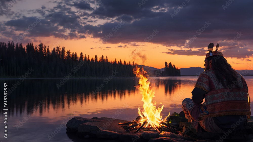 An indigenous man watching the sunset by a campfire by the lake