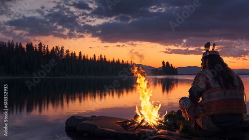 An indigenous man watching the sunset by a campfire by the lake