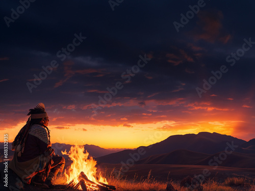 An indigenous man watching the sunset by a campfire by the lake