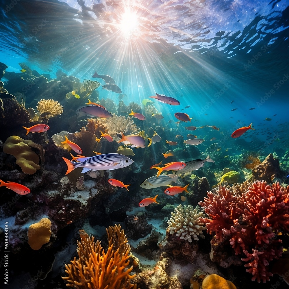 A school of fish swimming in a coral reef, their colors glistening in the sunlight