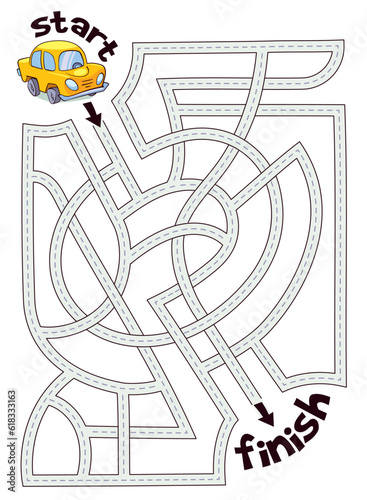 Children logic game to pass the maze. Car is on its way to finish line. Educational game for kids. Attention task. Choose the right way. Cartoon character. Vector illustration. Isolated on white