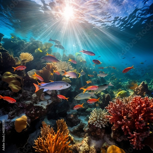 A school of fish swimming in a coral reef, their colors glistening in the sunlight © Tina