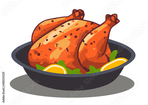 Roasted chicken in a baking dish with herbs and lemon slices