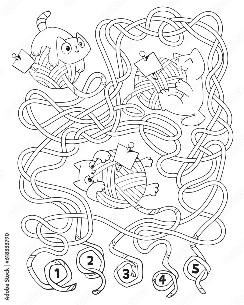 Cat plays with a ball of fur. Children logic game to pass maze. Educational game for kids. Choose right path. Write correct answers. Funny cartoon character. Vector illustration. Coloring book Cat plays with a ball of fur. Children logic game to pass maze. Educational game for kids. Choose right path. Write correct answers. Funny cartoon character. Vector illustration. Coloring book