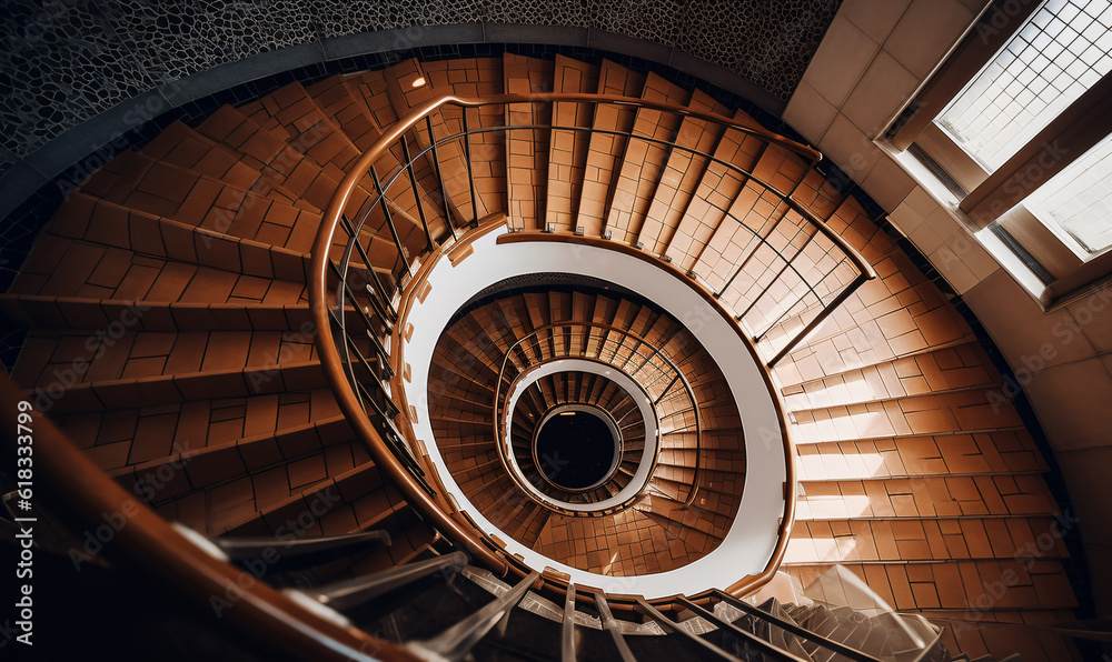 Fototapeta premium Elegance in Motion: Captivating Geometry of a Modern Spiral Staircase. Generative AI technology