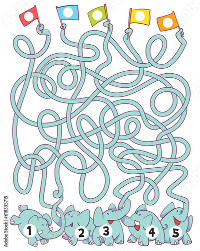 Funny elephants with tangled trunks. Children logic game to pass the maze. Educational game for kids. Choose right path. Write correct answers. Funny cartoon character. Isolated on white background