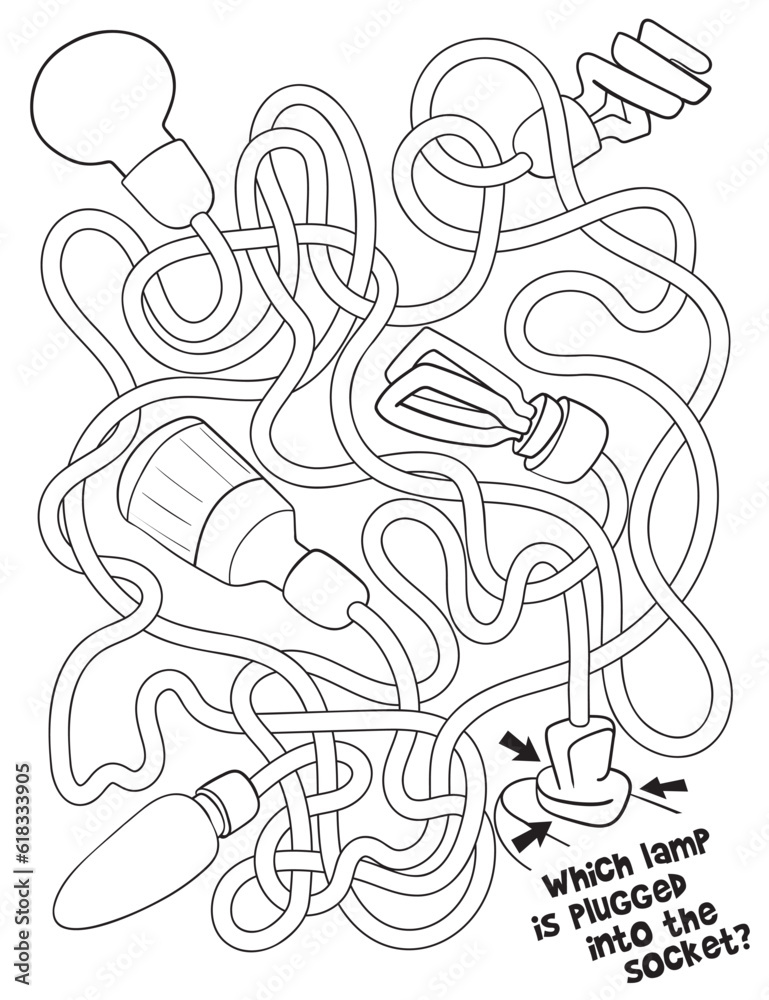 Children logic game to pass the maze. Bulbs are tangled in wires. Educational game for kids. Attention task. Choose right path. Coloring book. Vector illustration. Isolated on white background Children logic game to pass the maze. Bulbs are tangled in wires. Educational game for kids. Attention task. Choose right path. Coloring book. Vector illustration. Isolated on white background
