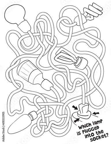 Children logic game to pass the maze. Bulbs are tangled in wires. Educational game for kids. Attention task. Choose right path. Coloring book. Vector illustration. Isolated on white background