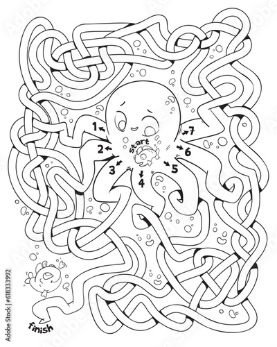 Cute octopus with long tangled tentacles. Children logic game to pass the maze. Educational game for kids. Attention task. Choose right path. Funny cartoon character. Coloring book. Worksheet