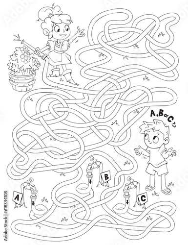 Children logic game to pass the maze. Girl and boy watering flowers. Educational game for kids. Attention task. Choose right path. Funny cartoon character. Vector illustration. Coloring book