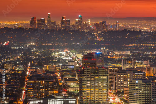 Los Angeles City Skyline view from afar of Downtown with mountains