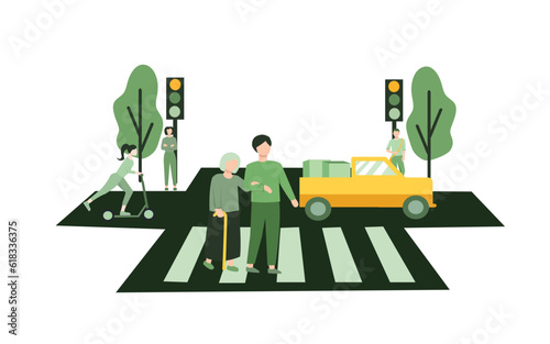 isolated flat vector illustration about Happy man helping old woman crossing city street. Cartoon characters walking on road crosswalk. Urban lifestyle and traffic concept for website, banner, flyer
