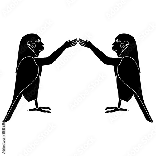Symmetrical ethnic design with two Ba Birds. Ancient Egyptian sacred symbol of human soul. Black and white silhouette.