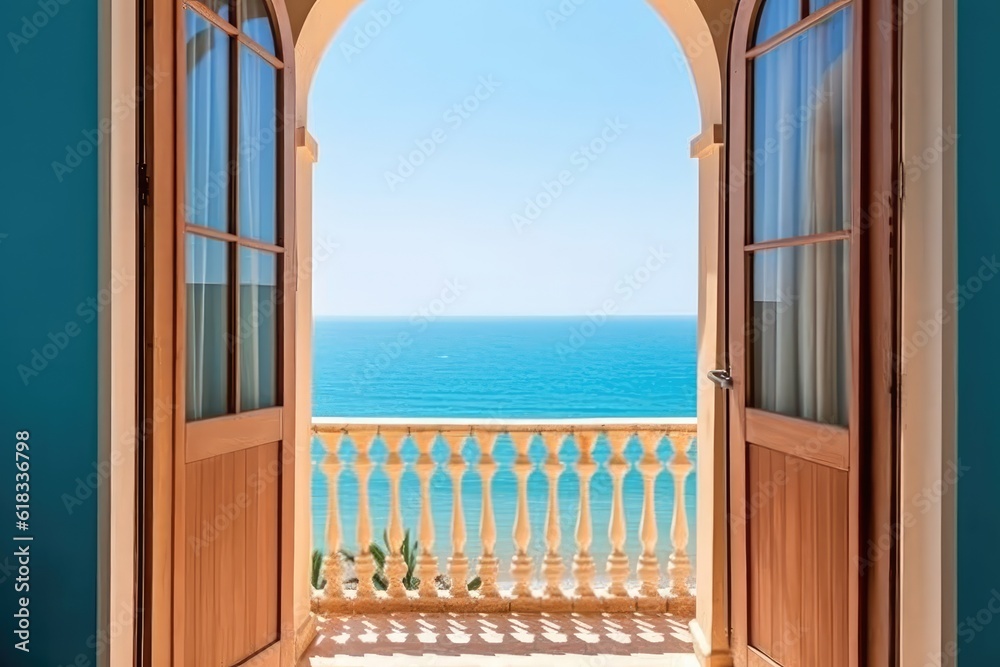 photo of traditional hotel balcony with beach view Photography AI Generated