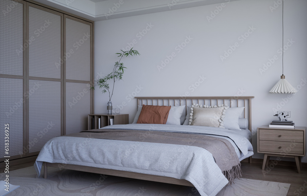 Modern Bedroom with bed and decorative items, 3d render Modern Bedroom with bed and decorative items, 3d render