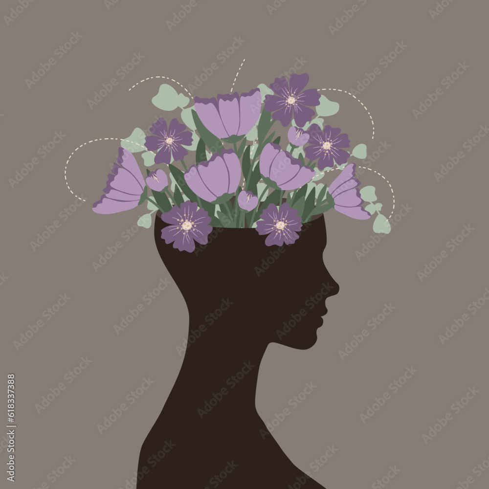 Otwarta głowa z bukietem kwitnących kwiatów. Wzrost emocjonalny, psychoterapia, optymizm, zdrowa głowa i zdrowie psychiczne. Wektorowa ilustracja psychologiczna. - obrazy, fototapety, plakaty 