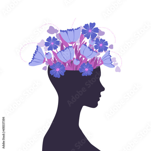 Otwarta głowa z bukietem kwitnących kwiatów. Wzrost emocjonalny, psychoterapia, optymizm, zdrowa głowa i zdrowie psychiczne. Wektorowa ilustracja psychologiczna.