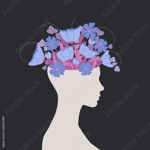 Otwarta głowa z bukietem kwitnących kwiatów. Wzrost emocjonalny, psychoterapia, optymizm, zdrowa głowa i zdrowie psychiczne. Wektorowa ilustracja psychologiczna.