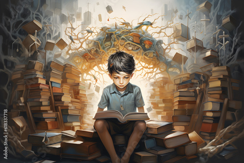 A child sitting on a stack of books.  he is reading a book. a mess over his head. representing the struggle of a dyslexic child during study.  photo