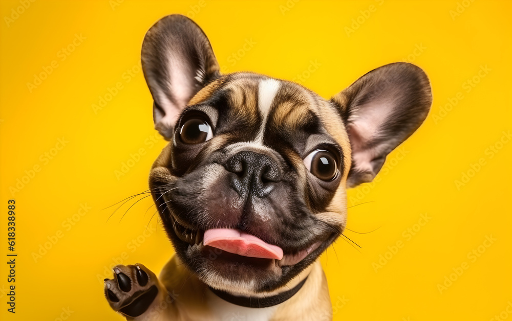 Intriguing close-up capturing a playful French Bulldog with vibrant eyes and a mischievous tongue-out pose against a vivid yellow background.